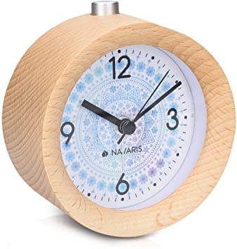 Navaris Wood Analog Alarm Clock - Round Battery-Operated Non-Ticking Clock with Snooze Button and Light - Light Brown, Arctic Snowflake