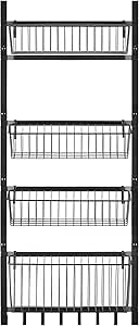 Navaris Over the Door Pantry Organiser - Hanging Spice Rack for Pantry Door - 4 Basket Shelves and Hooks - Wire Metal Kitchen Storage Organisation