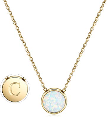 CIUNOFOR Opal Necklace Gold Plated Round Disc Initial Necklace Engraved Letter C with Adjustable Chain Pendant Enhancers for Women Girls