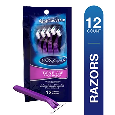 Noxzema 2-Blade Disposable Razors, 12 Count; Women’s Disposable Razors with Pivoting Head Adjusts to Curves; Lubricating Strip with Aloe and Vitamin E; Ultra-Thin Blades with Comfort Grip Handle