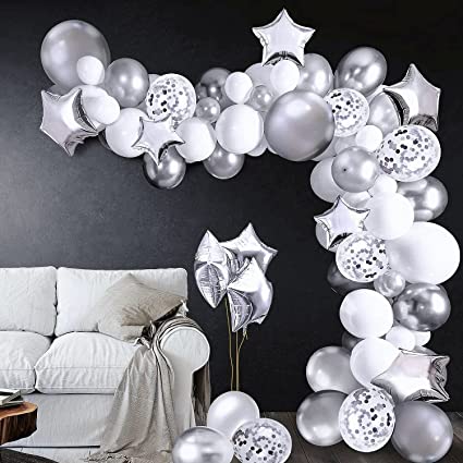iZoeL Silver Birthday Party Decoration Silver Balloon Arch Garland Kit Latex Confetti Balloons Foil Star Balloon Tape Strips Tie Tools Flower Clips Kid Girl Woman (Silver)