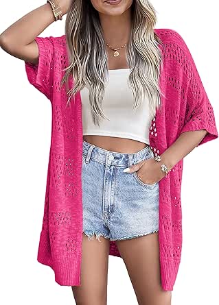 Zeagoo Lightweight Summer Crochet Cardigan for Women Short Sleeve Kimono Boho Oversized Open Front Knitted Cardigan