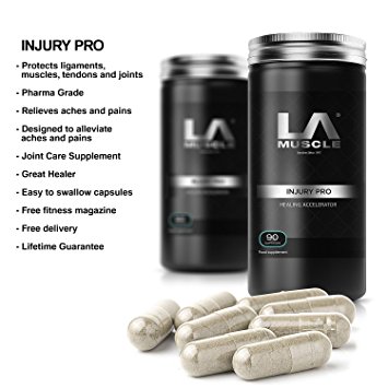 LA Muscle Injury Pro Glucosamine formula 90 Capsules. Glucosamine Joint Care Supplement, Natural Ingredients, MSM Relieves Aches & Pains Quickly and Naturally. Lifetime Money Back Guarantee, Risk Free Purchase