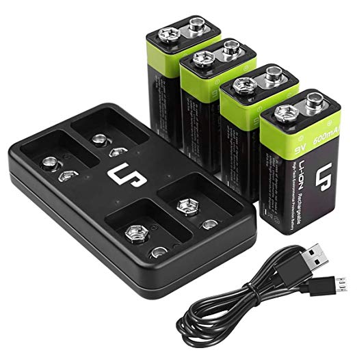 LP 9V Rechargeable Battery with Charger, 4 Bay Smart Lithium Battery Charger & 4 Pack 9V Li-ion Rechargeable Batteries(600mAh) for Wireless Microphones, Family Smoke Detector, Flashlight &More