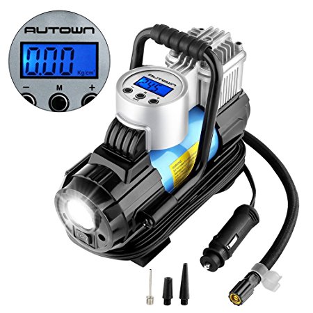 Autown Car Tyre Pump 120 W Portable Inflatable Device Cigarette Plug 12 V DC with Flashlight , 3 Additional Cables and 1 Bag for Cars, Bikes, Motorbikes, Prom or any other sport Inflatable Boat
