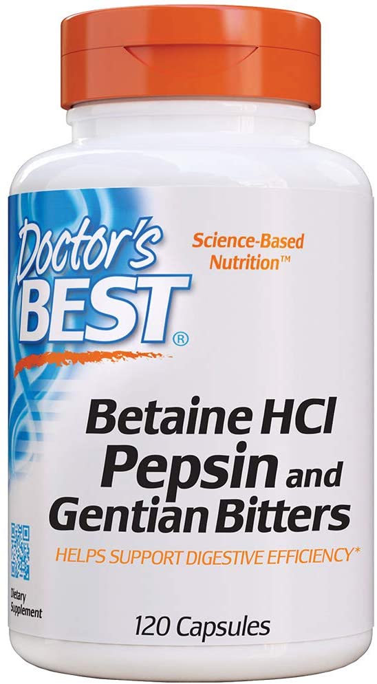 Doctor's Best Betaine HCI Pepsin & Gentian Bitters, Digestive Enzymes for Protein Breakdown & Absorption, Non-GMO, Gluten Free, 120 Caps, Original Version (DRB-00163)