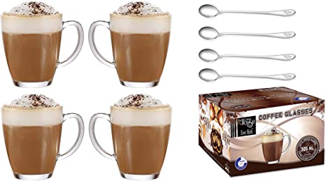 EVER RICH ® Latte Glass Tea Coffee Cup Mug (Fits Tassimo & Dolce Gusto) (385ML X 4 & Spoons)