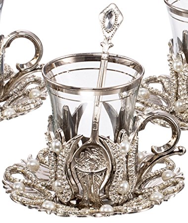 Set of 6 Turkish Style Tea Glasses with Brass Holder Saucer and Spoons Set Silver Plated 24 Pieces