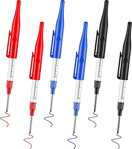 Multi-Purpose Deep Hole Marker Pens Deep Drill Hole Long Nib Marker Waterproof Deep Hole Marker Pens Colorful Carpenter Pen for Bathroom Woodworking Hardware Decoration, Red Black Blue (Stylish Style)