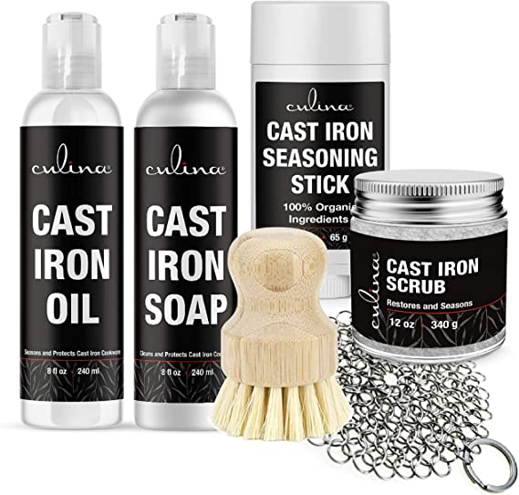 Culina Cast Iron Soap & stick & Conditioning Oil & Stainless Scrubber &Restoring Scrub & brush | All Natural Ingredients | Best for Cleaning, Non-stick Cooking & Restoring | for Cast Iron Cookware