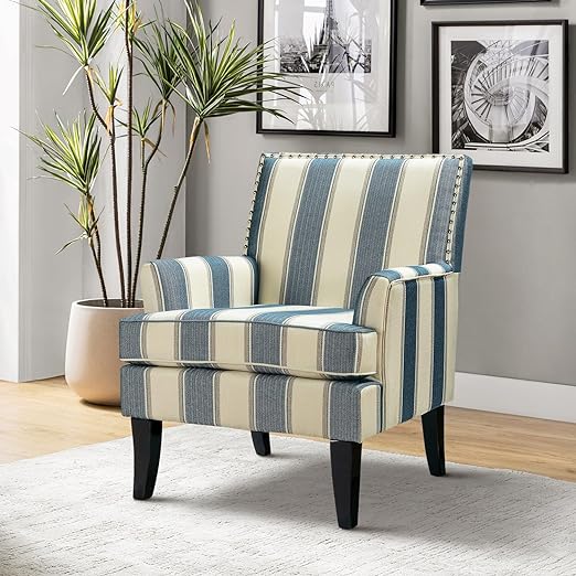 HULALA HOME Living Room Armchair Farmhouse Striped Accent Reading Chair with Wooden Legs & High Back Rest & Padded Armrest & Nail Head Trim for Lounge/Bedroom, Striped Blue