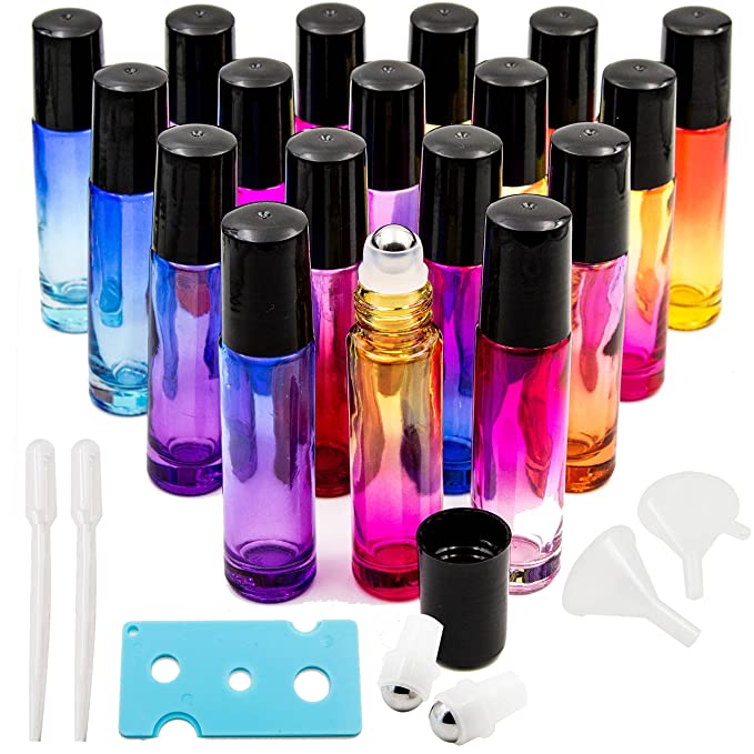 Youngever 18 Pack Rainbow Color Essential Oil Roller Bottles with Stainless Steel Roller Balls in 9 Colors, Opener, 2 Clear Transfer Pipettes, 2 Mini Funnels and Extra Roller Ball