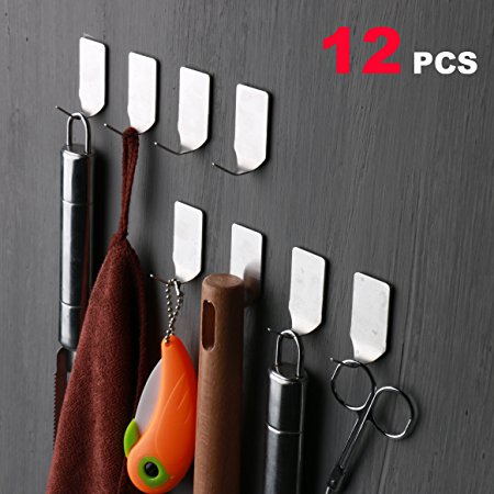 12 PCS Self Adhesive Stick Mini Robe Hook Cloth Hooks Wall Hanger Key Organizer for Bathroom and Kitchen, Stainless Steel Brushed