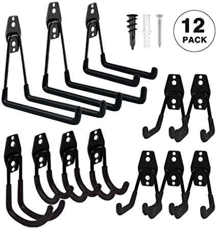 Garage Hooks Heavy Duty, Steel Garage Storage Hooks, Tool Hangers for Garage Wall Utility Wall Mount Garage Hooks and Hangers with Anti-slip Coating for Garden Tools, Ladders, Bulky Items (Black)