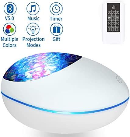 Ocean Wave Projector Night Light Relax Lamps with Remote Control Timer USB Cable, Bedside Child Lights Baby Gifts with 8 Color Modes 4 Music Playing Modes Volume Adjustable for Party Decoration(White)