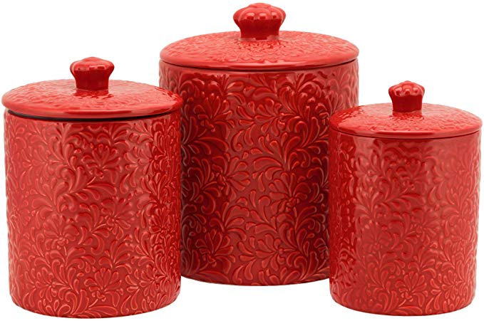 10 Strawberry Street CAN RED Fleur Embossed Kitchen Canister Set, 3 Piece