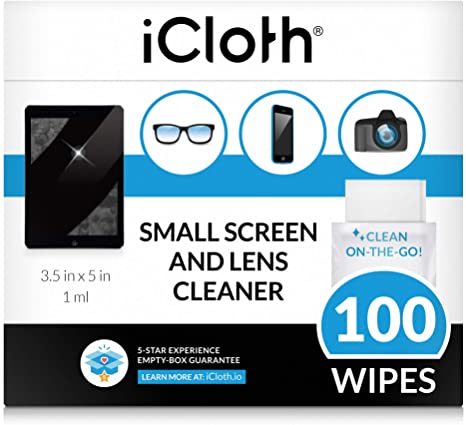 iCloth Lens and Screen Cleaner Pro-Grade Individually Wrapped Wet Wipes, 1 Wipe Cleans an Phone Screen, Camera, Laptop, Tablet, Smartphone, Lenses Box of 100