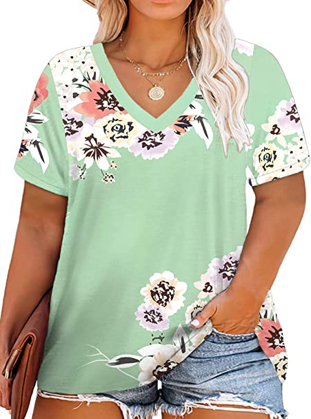 DOLNINE Womens Plus-Size Tops Short Sleeve V Neck Casual Basic T-Shirts Tunics