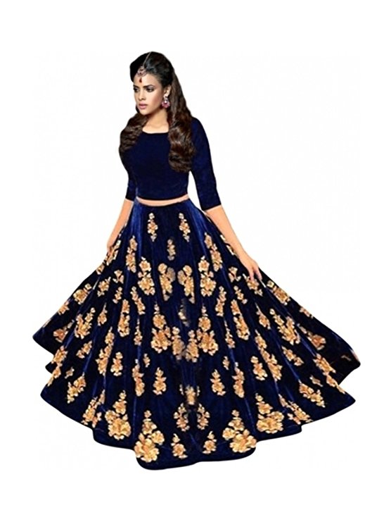 Aryan Fashion Women's Velvet Semi-Stitched Lehenga Choli (Errr10612_Navy Blue_Free Size)