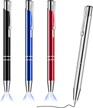 4 Pieces Lighted Tip Pen Ballpoint Pen with Light Flashlight LED Light Pen LED Penlight Light Up Pen for Writing in the Dark (Black, Silver, Blue, Red)