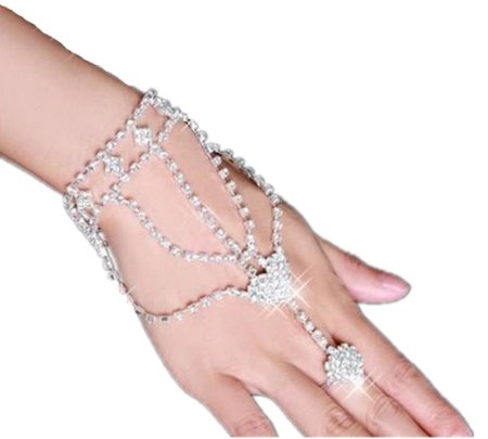 Wuudi Fashion Rhinestone Bracelet Bangle with Chain Link Finger Ring Hand Bracelet