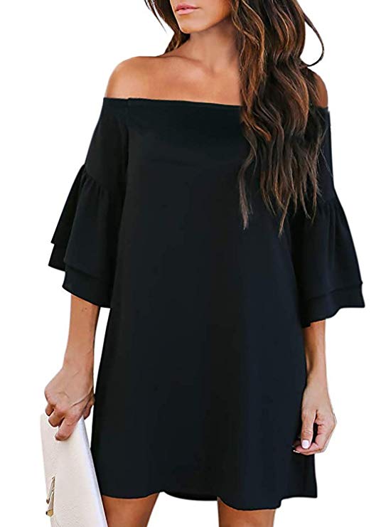 LOSRLY Womens Off The Shoulder Bell Sleeve Solid Color Casual Loose Shift Dress Above The Knee