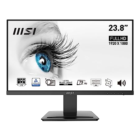 MSI PRO MP243 23.8 Inch Full HD Office Monitor - 1920 x 1080 IPS Panel, 75 Hz, Eye-Friendly Screen, Built-in Speakers, Accessory Slot, HDMI, DP