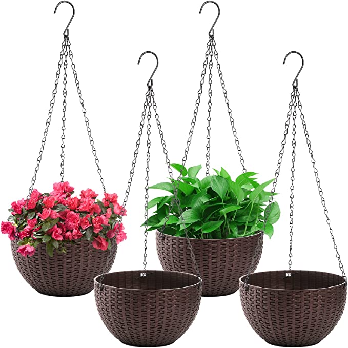 Foraineam 4 Pack 8.2 inch Self-Watering Hanging Planters, Garden Flower Plant Pot Container, Hanging Basket Planter with Drainer and Chain for Indoor Outdoor Use, Coffee Brown