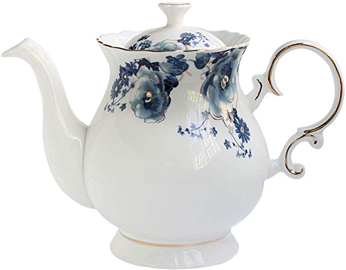 Jomop European Style Ceramic Flower Teapot Coffee Pot Water Pot Porcelain Gift Petal Large 5.5 Cups (1, Blue and White)