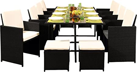 Comfy Living 12 Seater Rattan Outdoor Garden Furniture Set - 8 Chairs 4 Stools & Dining Table (Without Cover, Black)