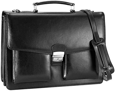 DanPi Leather Briefcase for Men Cowhide Laptop Briefcase with Lock 14 inch Black
