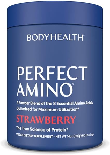 BodyHealth PerfectAmino Powder Strawberry (60 Servings) Best Pre/Post Workout Recovery Drink, 8 Essential Amino Acids Energy Supplement with 50% BCAAs, 100% Organic, 99% Utilization
