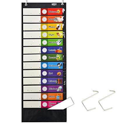 Daily Schedule Pocket Chart， Black Class Schedule with 26 Cards, 13 1 Pockets. 13 Colored   13 Blank Double-Sided Reusable Cards, Easy Over-Door Mountings Included. (13” x 36”)