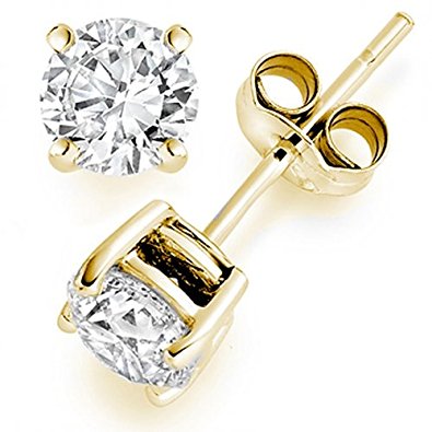 1 Carat Solitaire Diamond Stud Earrings 14K Yellow Gold Round Brilliant Shape 4 Prong Push Back (K-L Color, I1 Clarity)
