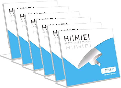 HIIMIEI Acrylic Slant Sign Holder Horizontal 8.5x11 6 Pack, Plastic Table Menu Display Stand Holder Landscape, Plexi Single Ad Frame for Restaurants,Hotels,Stores