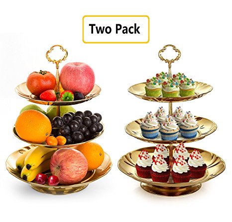 Two Set of Three Tier Cake Stand and Fruit Plate by Imillet -Stainless Steel Stand of Golden for Cakes Desserts Fruits Candy Buffet Stand for Wedding &Home&Party Serving Platter (2 pack)