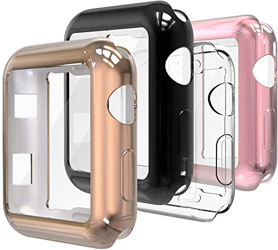 Gaishi [4-Pack] Compatible for Apple Watch 38mm Series 2/3 Screen Protector Case, All-Around Slim Soft Screen Cover for iWatch 38mm, Clear Plating Black Rose Gold Rose Pink