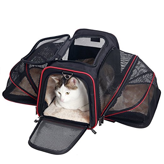MangGou Pet Carrier for Dogs & Cats, Expandable Foldable Soft Animal Carriers, Airline Approved Portable Soft-Sided Pet Travel Bag Fit Under Seat or Top with Fleece Mat and Pockets (Black)