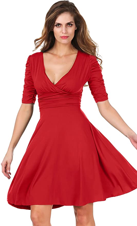 Meaneor Women 1/2 Sleeve Ruched Waist Classy Plunging V-Neck Cocktail Party Dress