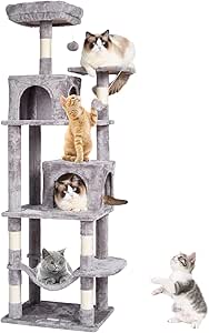 VEVOR Cat Tree for Indoor Cats, 63" Cat Tower with 2 Cat Condos, Sisal Scratching Post, Hammock, Top Perch, Jumping Platforms, Large Cat Furniture Activity Center with Hang Ball, Light Grey