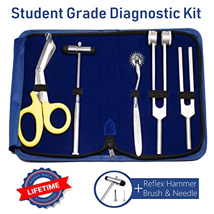 6 Piece Medical Student Diagnostic Kit - Reflex Hammer and Tuning Fork Set C 128 and C 512. Includes a Wantenberg Pinwheel and a Premium Japanese Steel Bandage Scissor 7.5”