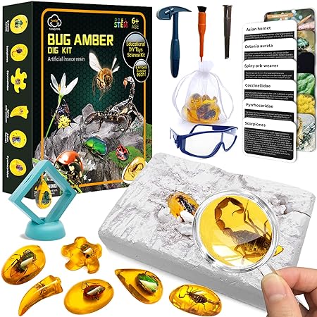 Amber Dig Kit-Artificial Insect Resin, Excavate 6 Insects Specimens - STEM Geographic Educational Bugs Toys,Great Science Kit Birthday Gift for Girls and Boys, Science Kits for Kids Age 6-8 8-12