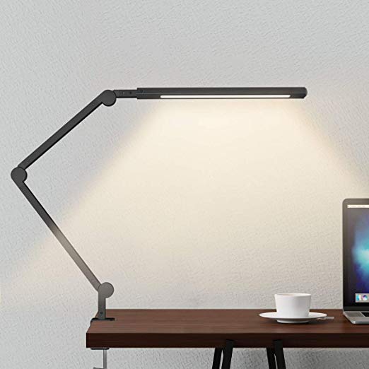 Swing Arm Lamp, LED Desk Lamp with Clamp, 9W Eye-Care Dimmable Light, Timer, Memory, 6 Color Modes, JolyJoy Modern Architect Table Lamp for Task Study Reading Working/Home Dorm Office (Black)