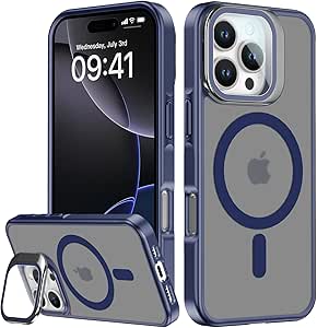 Upgraded Magnetic for iPhone 16 Pro Max Case with Camera Lens Cover and Screen Protector,Built-in Kickstand,Wireless Charging Compatible Slim Fit Translucent Matte Acrylic - Blue