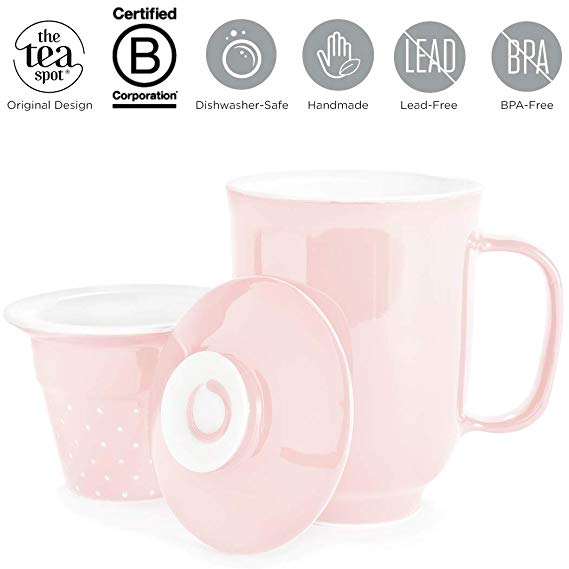 The Tea Spot, Steeping Mug, 3-Piece Handcrafted Porcelain Ceramic Tea Mug with Infuser & Lid, 16-Ounce (Blush)