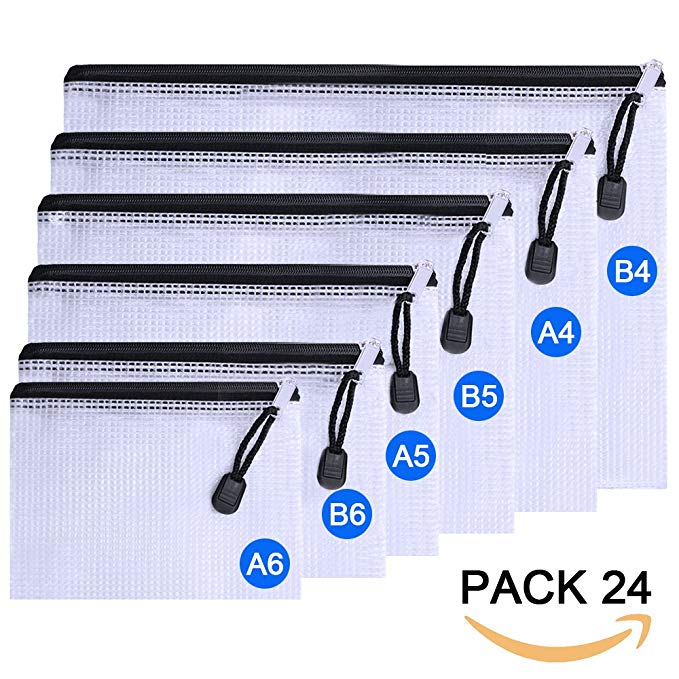 Supla 24 Pcs 6 Size Document Pouch with Zipper Closure Document Folder String Hanging Zipper File Folder Paper File Storage Clear Plastic Waterproof Travel Storage A4 B4 A5 B5 A6 B6 US Letter Size