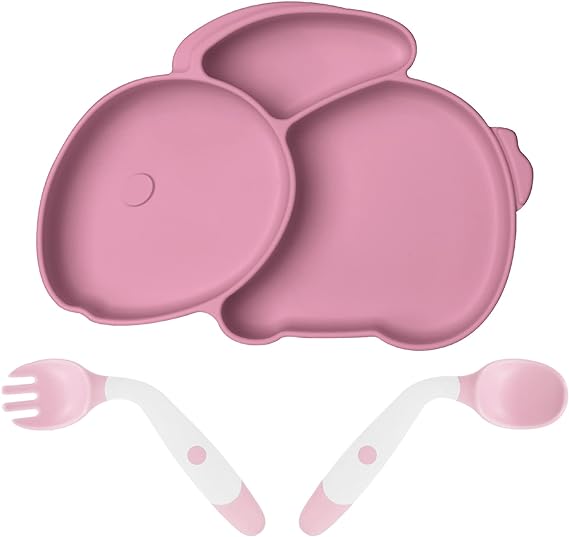 Vicloon Toddler Plates with Suction, Toddler Plates with Spoon & Fork, 100% Food-Grade Silicone Divided Design, Non-Slip, Microwave and Dishwasher Safe