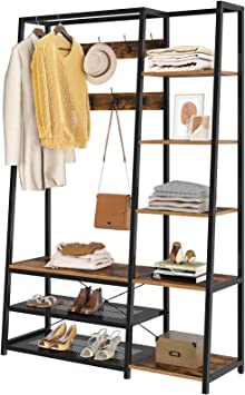 Rolanstar Coat Rack with Shoe Bench, 70.8" Freestanding Entryway Shelf, Coat Stand with 5 Side Shelves and 9 Hooks - Rustic Brown