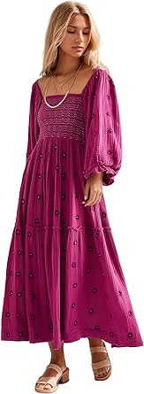 R.Vivimos Women's Long Sleeve Cotton Boho Midi Dress Vintage Square Neck Floral Embroidered Tiered Ruffle Flowy Pockets Dress