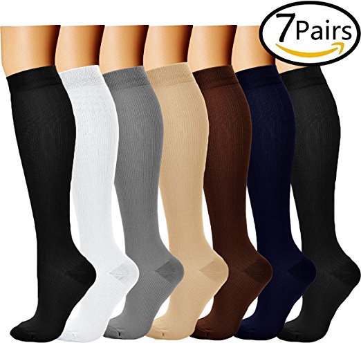 7 Pairs Compression Socks For Women and Men - Best For Running, Athletic Sports, Crossfit, Flight Travel - Suits Nurses, Maternity Pregnancy, Shin Splints - 15-20mmHg